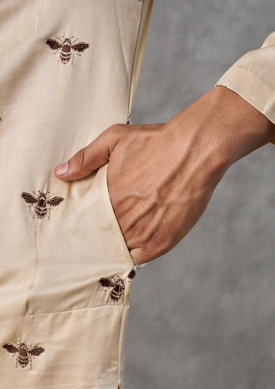 Twamev Men Beige Satin Splendor Kurta Churidar