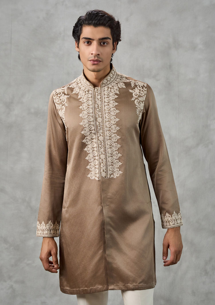 Twamev Men Mehendi Green Satin Thread Embroidered Kurta Pant Set
