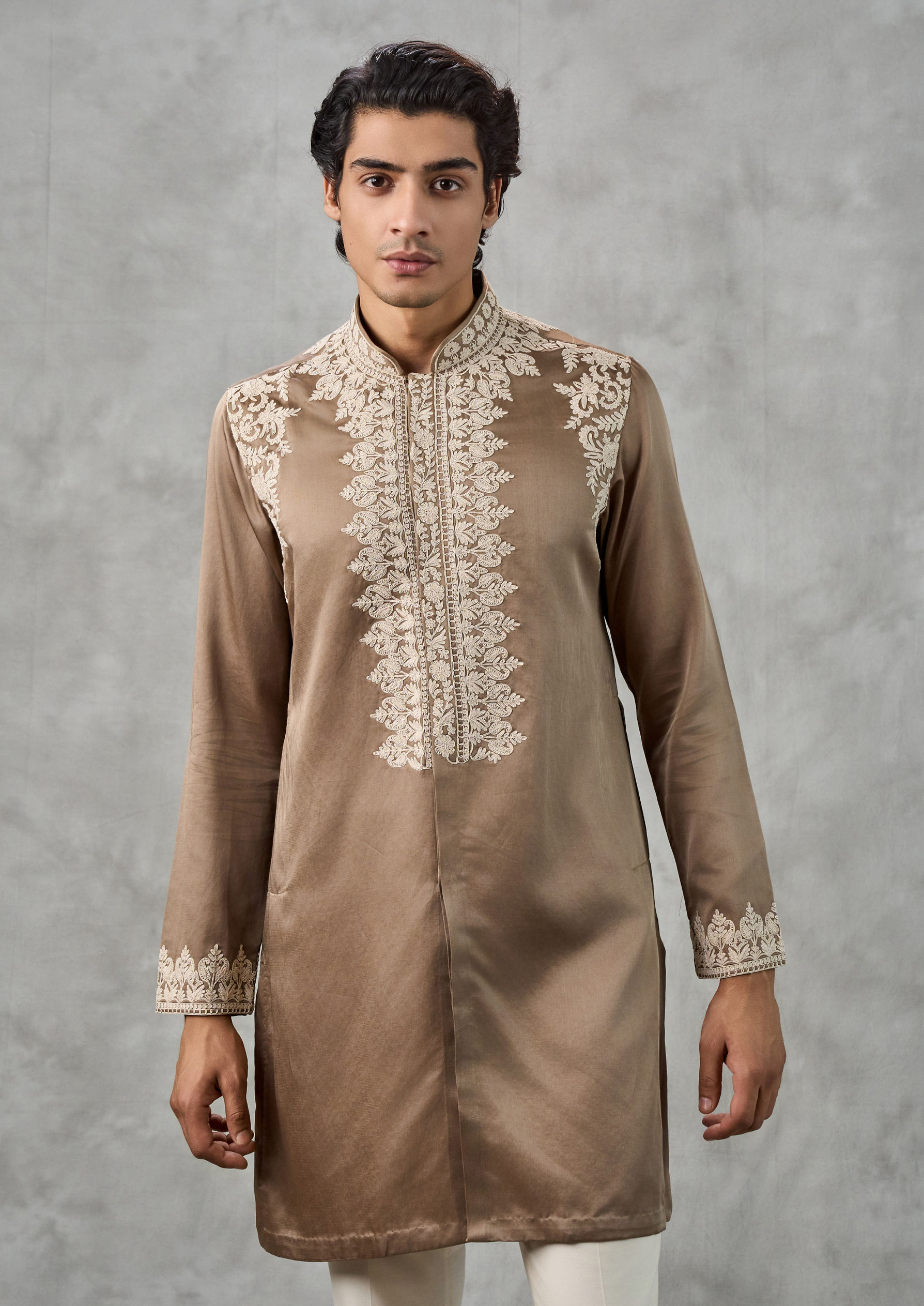 Twamev Men Mehendi Green Satin Thread Embroidered Kurta Pant Set