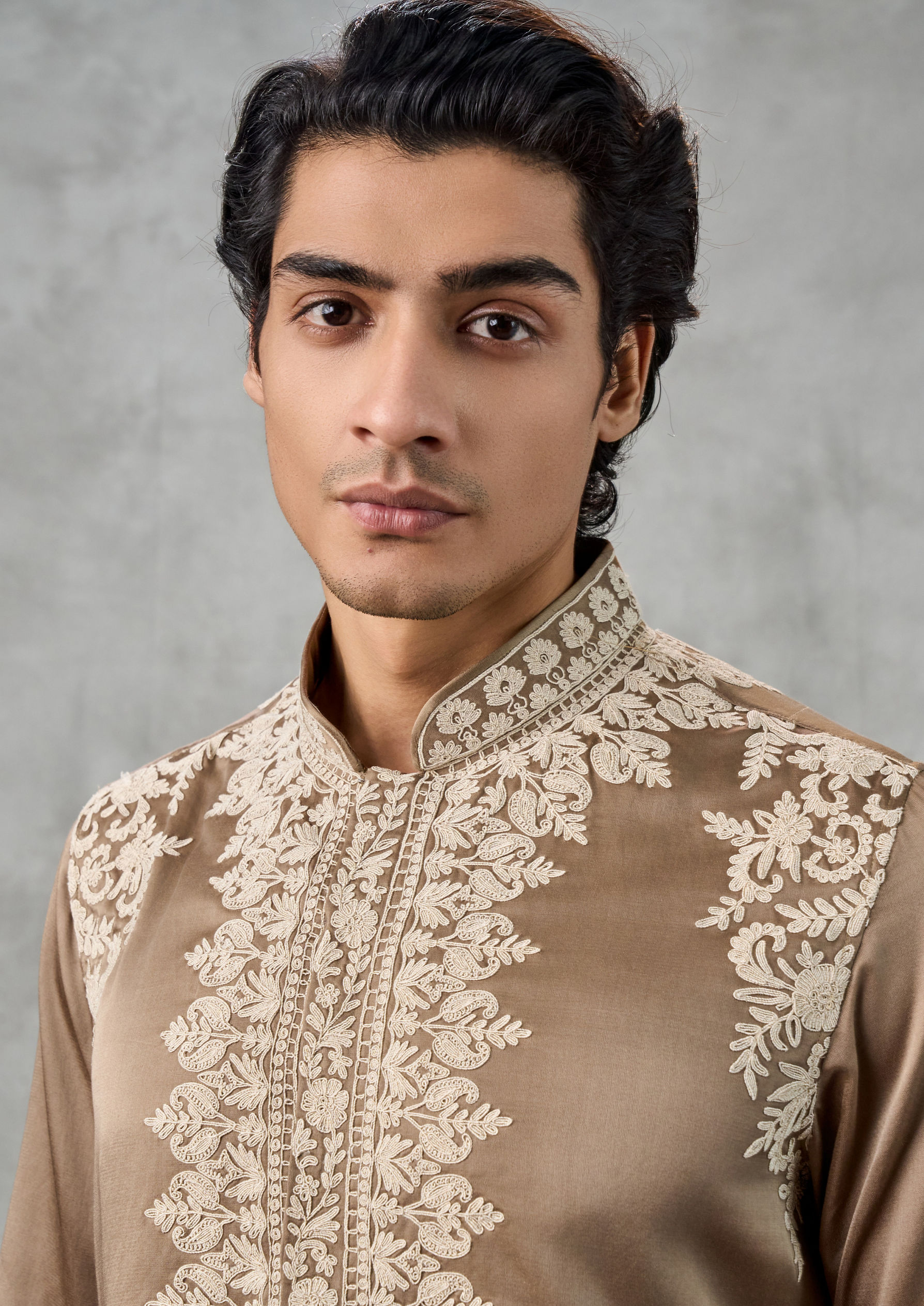 Twamev Men Mehendi Green Satin Thread Embroidered Kurta Pant Set