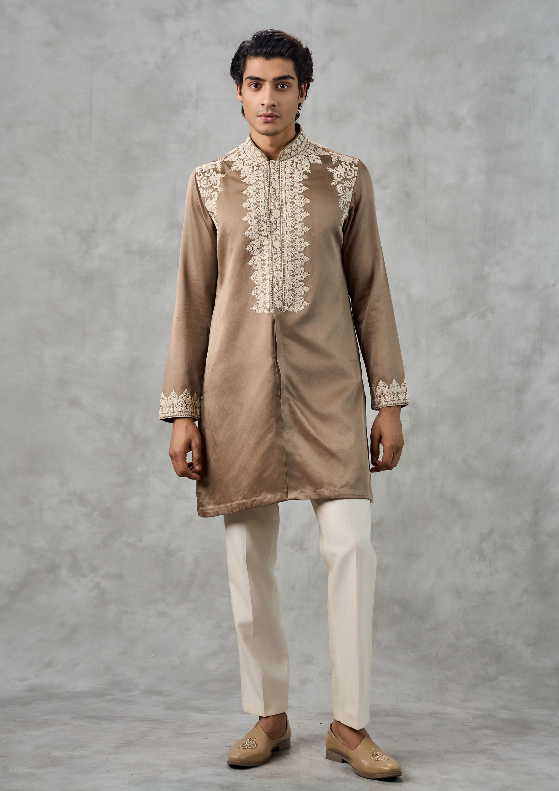 Twamev Men Mehendi Green Satin Thread Embroidered Kurta Pant Set