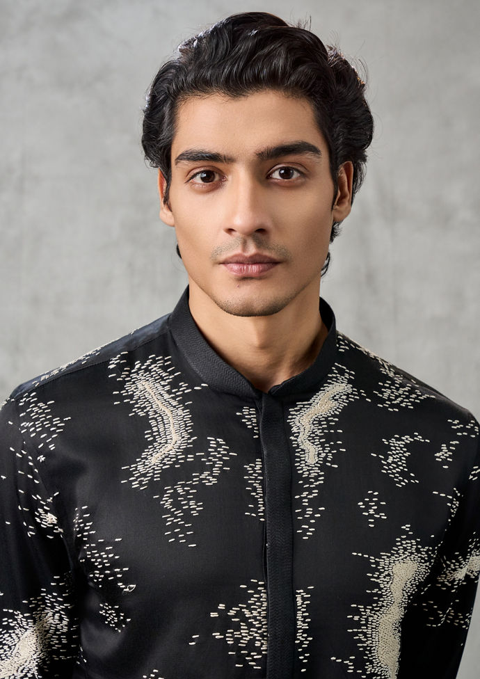 Twamev Men Elegant Black Satin Kurta Churidar