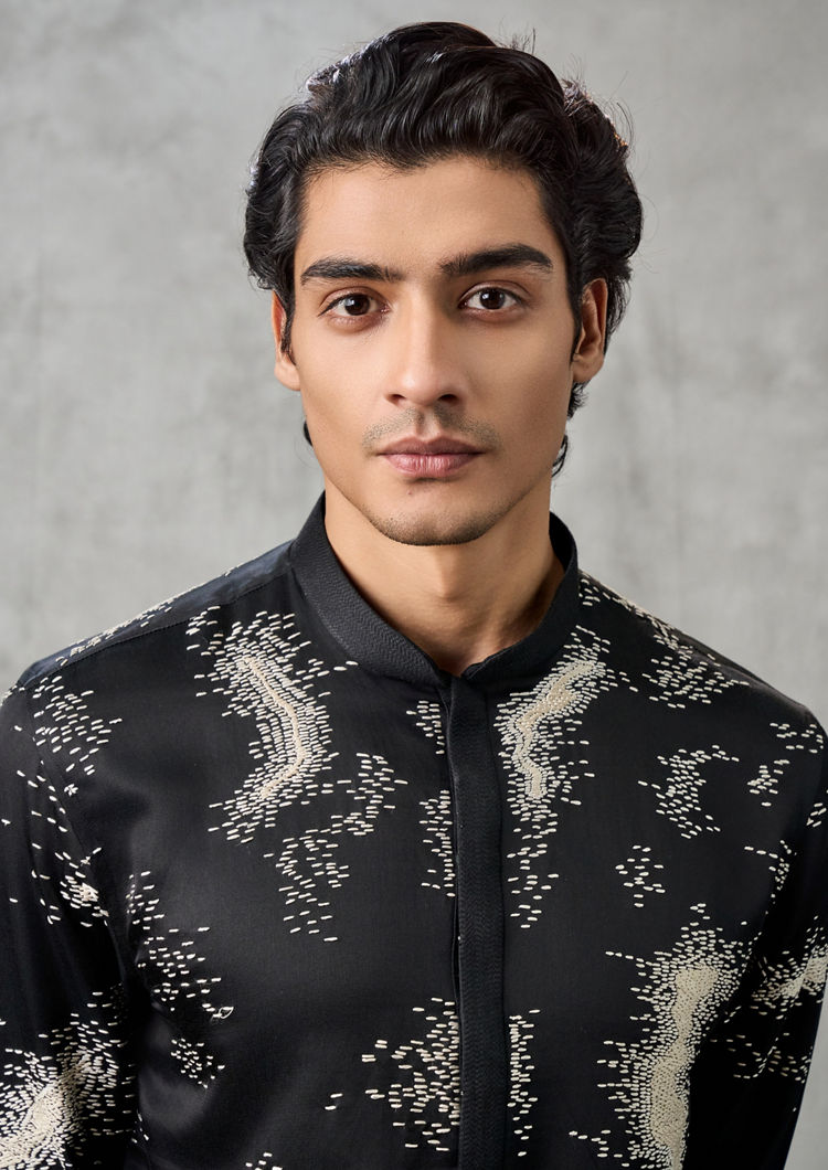 Twamev Men Elegant Black Satin Kurta Churidar