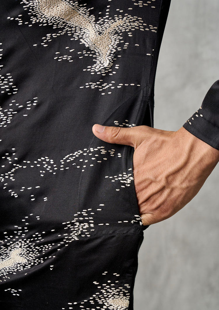 Twamev Men Elegant Black Satin Kurta Churidar