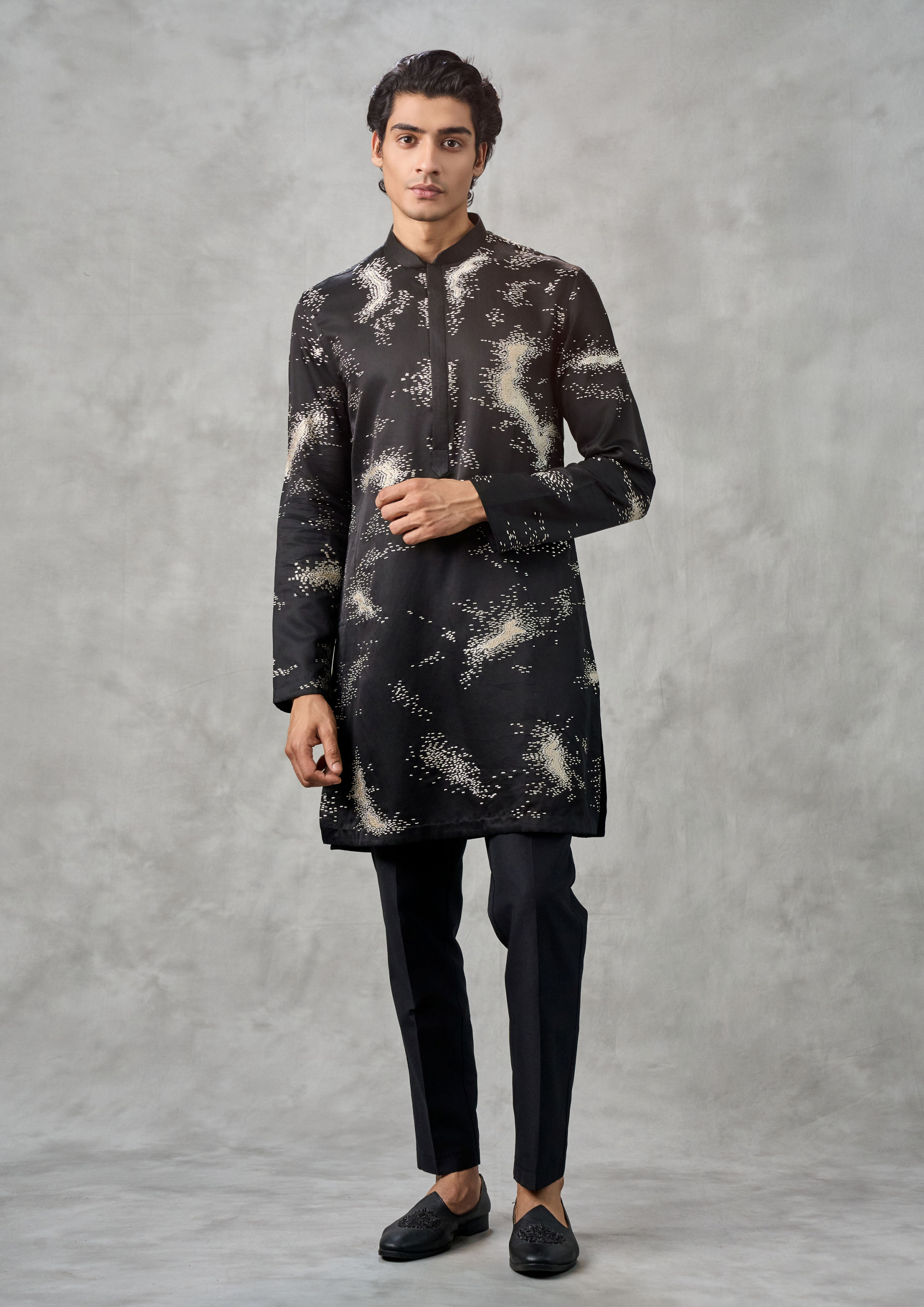 Twamev Men Elegant Black Satin Kurta Churidar