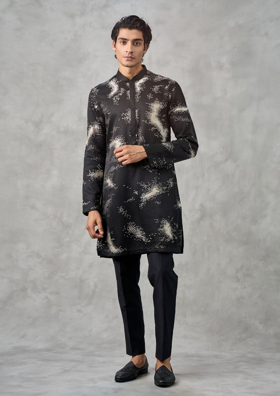 Twamev Men Elegant Black Satin Kurta Churidar