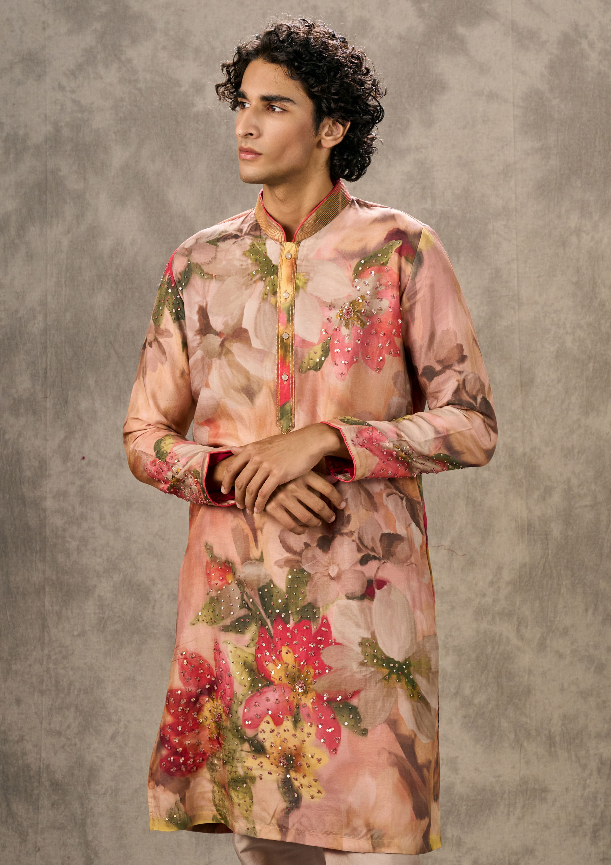 Twamev Men Enchanted Pink Kurta Churidar Set