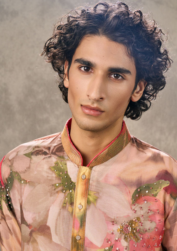 Twamev Men Enchanted Pink Kurta Churidar Set