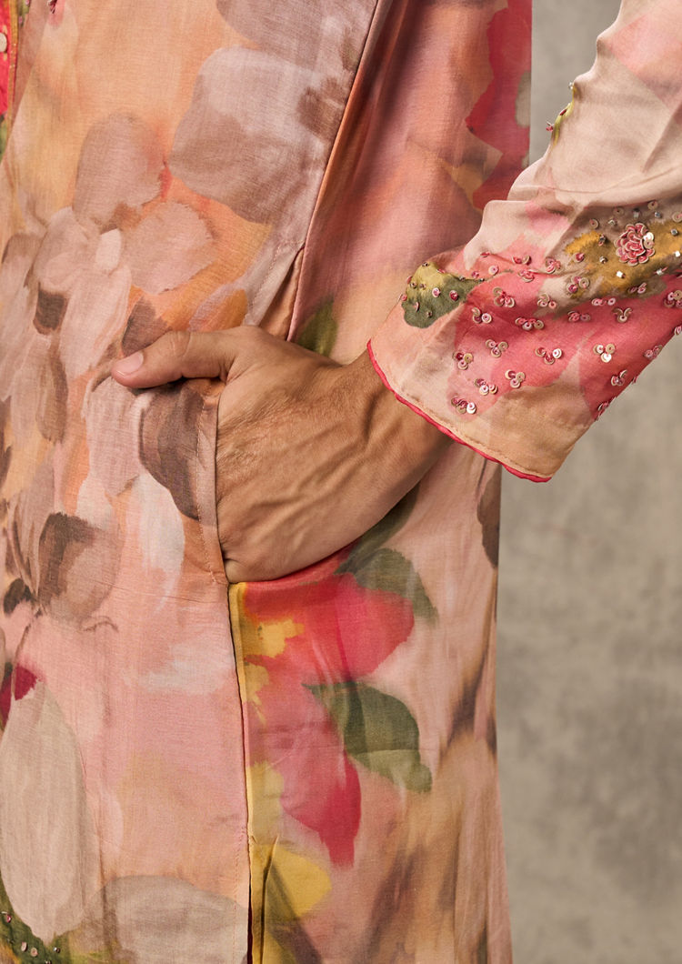 Twamev Men Enchanted Pink Kurta Churidar Set