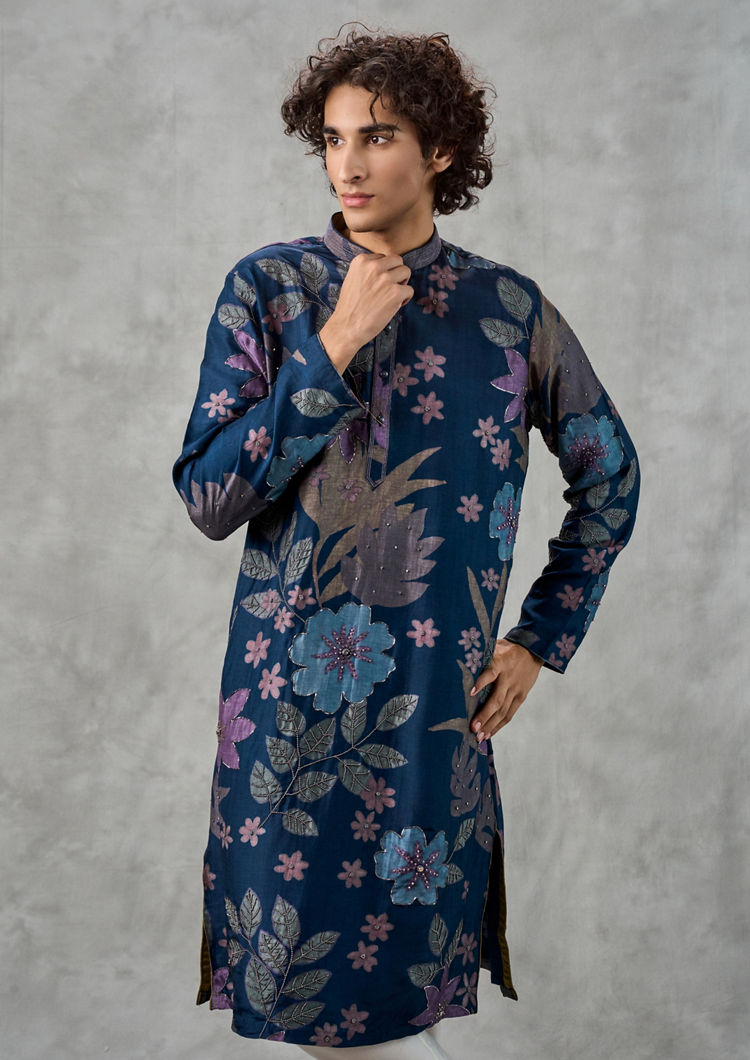 Twamev Men Dark Blue Festive Charm Kurta Churidar