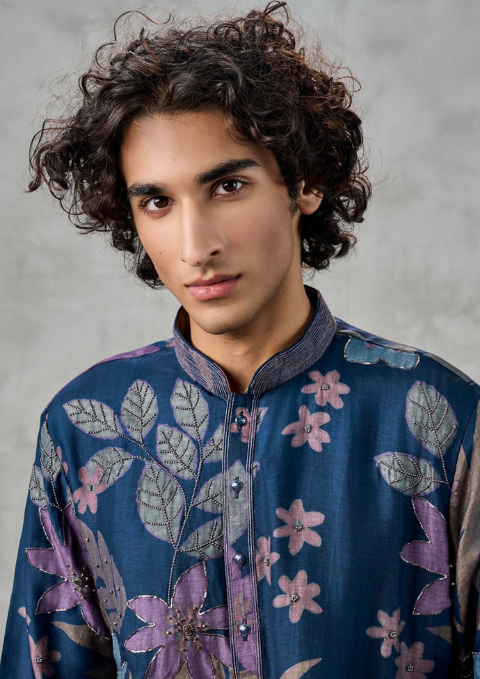 Twamev Men Dark Blue Festive Charm Kurta Churidar