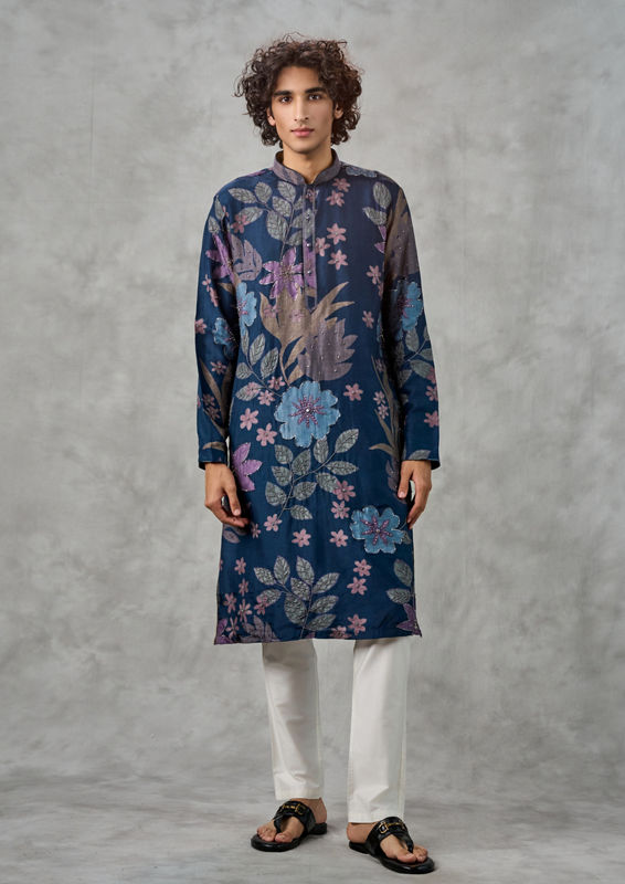 Twamev Men Dark Blue Festive Charm Kurta Churidar