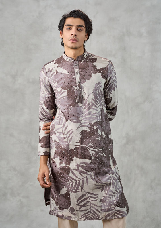 Twamev Men Elegant Dark Grey Art Silk Kurta Churidar Set