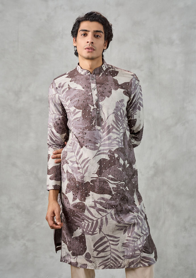 Twamev Men Elegant Dark Grey Art Silk Kurta Churidar Set