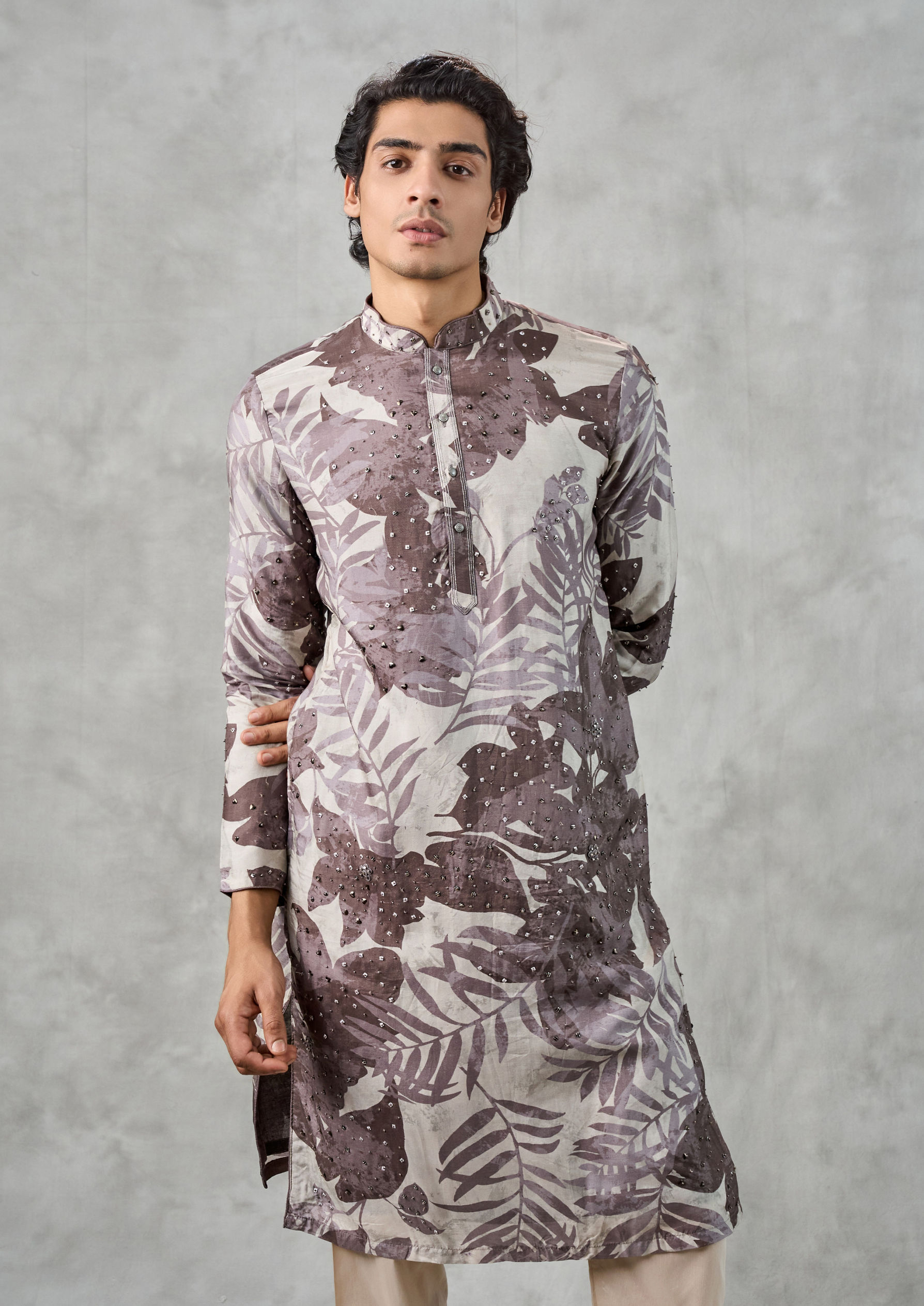 Twamev Men Elegant Dark Grey Art Silk Kurta Churidar Set