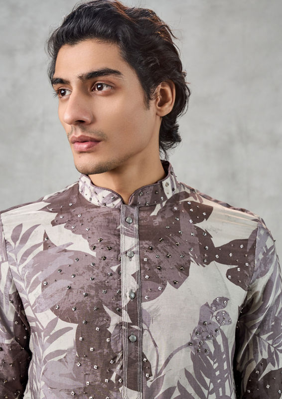 Twamev Men Elegant Dark Grey Art Silk Kurta Churidar Set