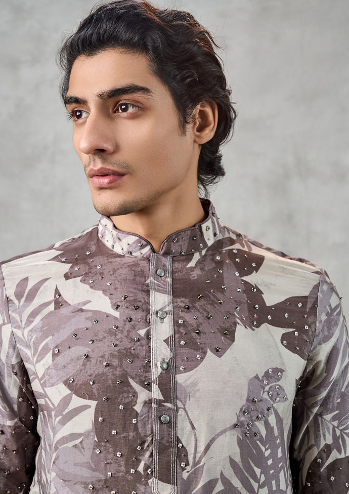 Twamev Men Elegant Dark Grey Art Silk Kurta Churidar Set