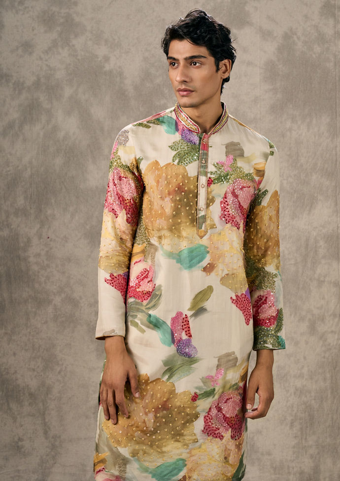 Twamev Men Elegant Cream Kurta Churidar