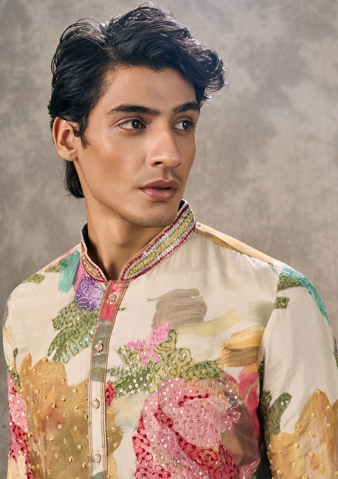 Twamev Men Elegant Cream Kurta Churidar