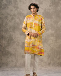 Twamev Men Yellow Georgette Printed Kurta Pant Set