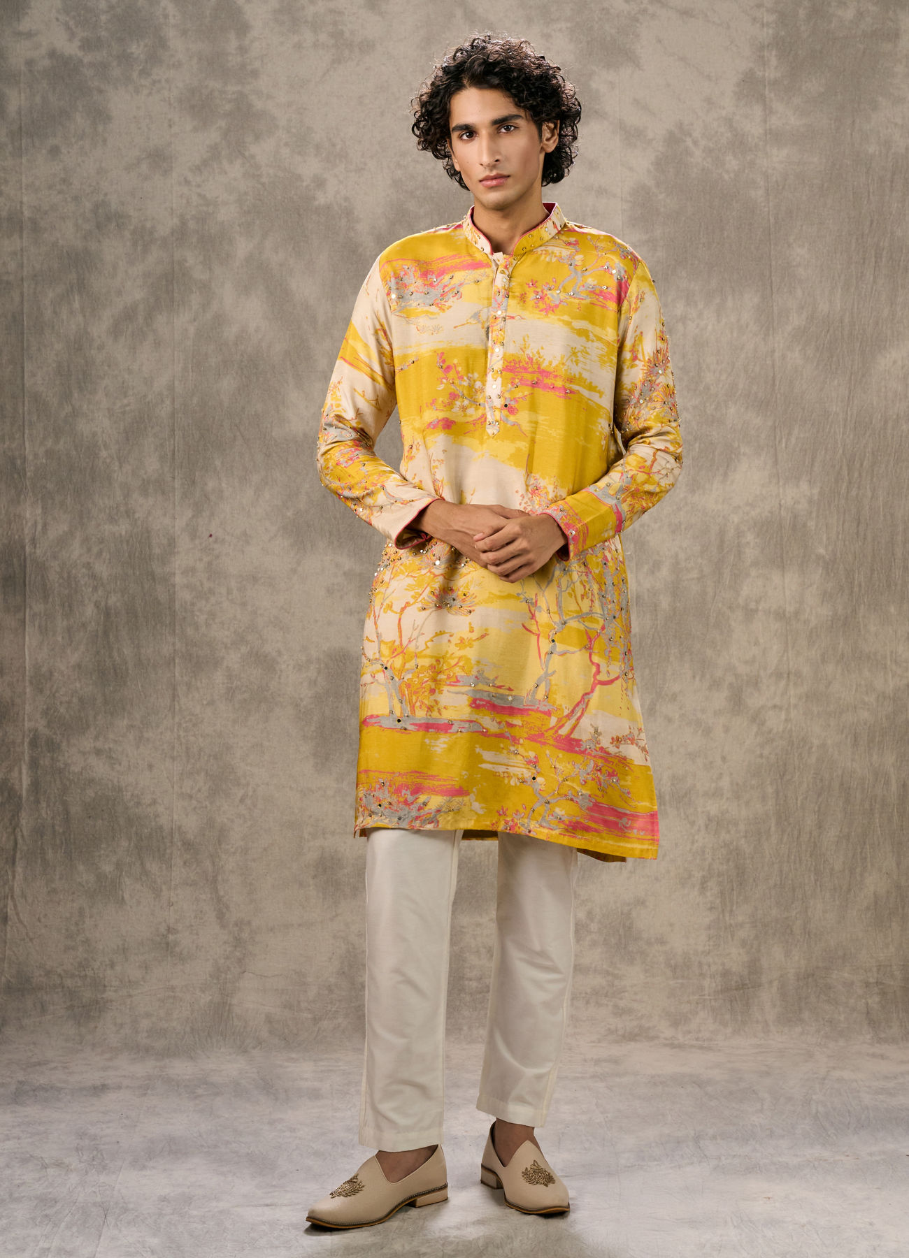 Twamev Men Yellow Georgette Printed Kurta Pant Set