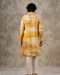 Twamev Men Yellow Georgette Printed Kurta Pant Set