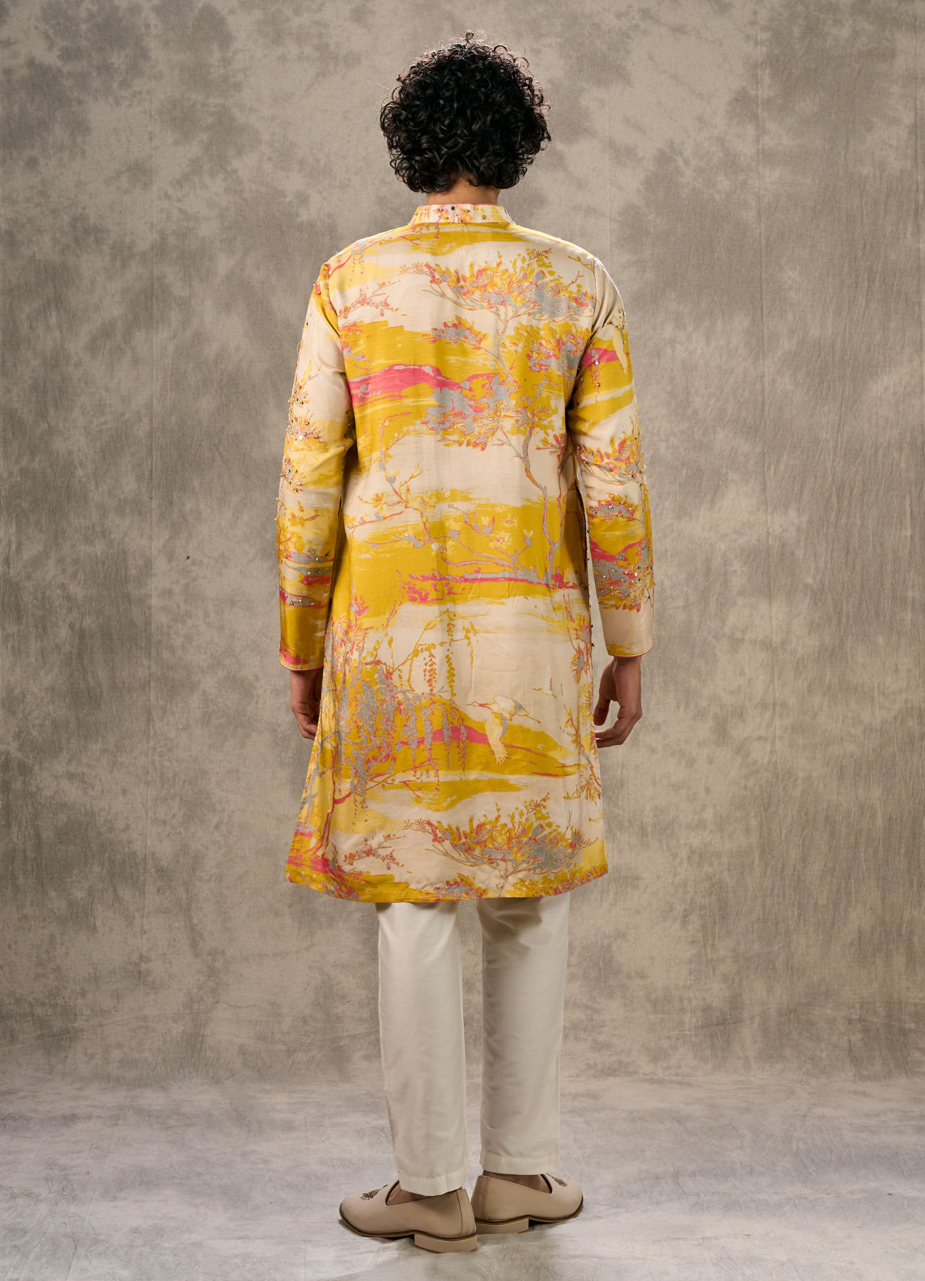 Twamev Men Yellow Georgette Printed Kurta Pant Set