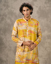 Twamev Men Yellow Georgette Printed Kurta Pant Set