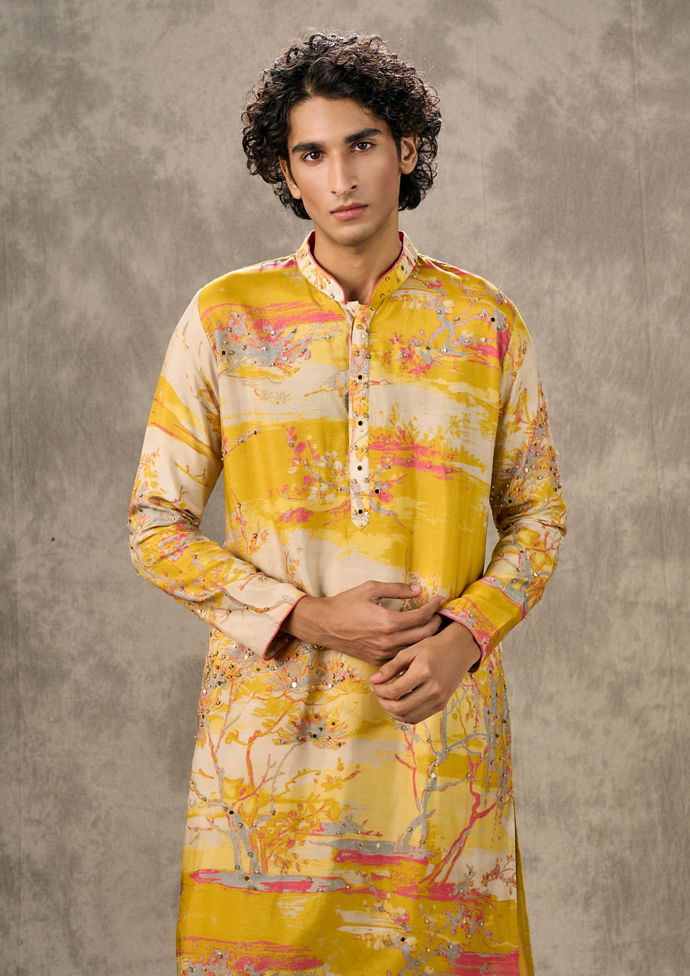 Twamev Men Sunshine Yellow Kurta Churidar