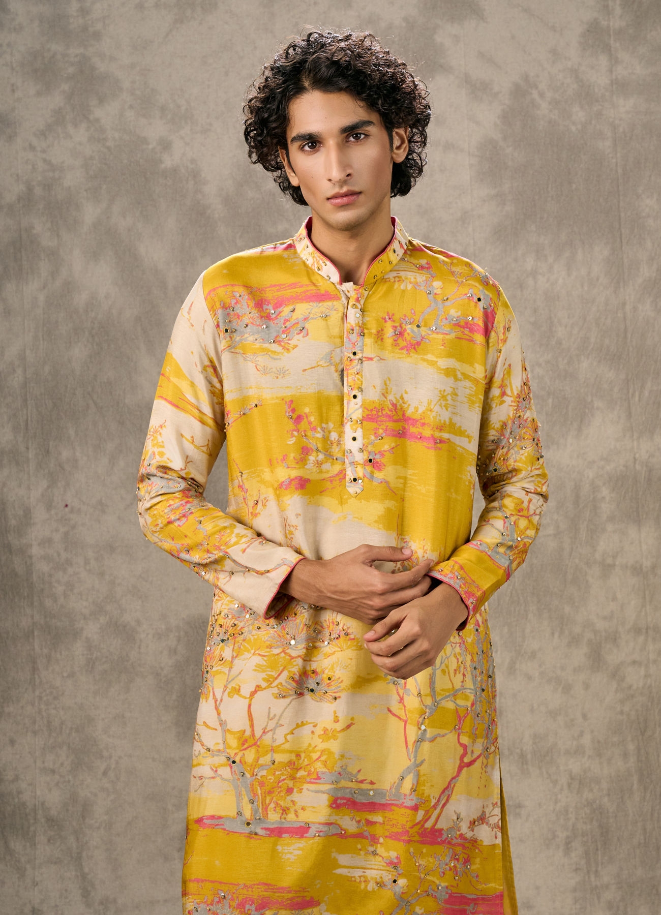 Twamev Men Yellow Georgette Printed Kurta Pant Set