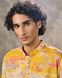 Twamev Men Yellow Georgette Printed Kurta Pant Set
