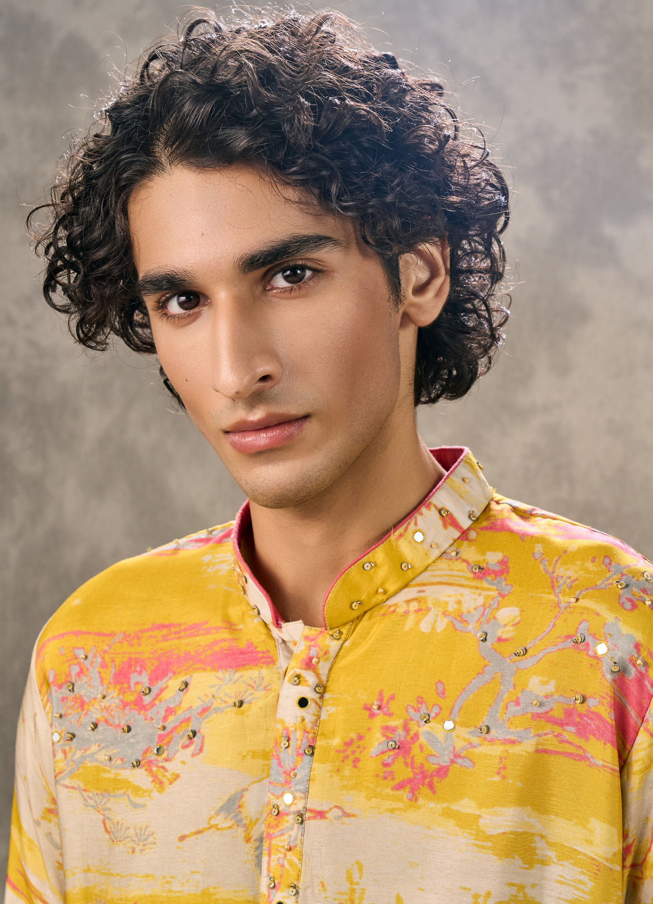 Twamev Men Yellow Georgette Printed Kurta Pant Set