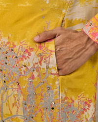 Twamev Men Yellow Georgette Printed Kurta Pant Set