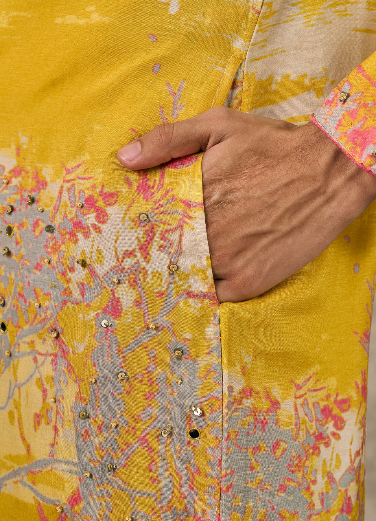 Twamev Men Yellow Georgette Printed Kurta Pant Set