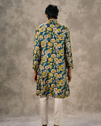 Twamev Men Teal Blue Georgette Floral Printed Kurta Pant Set