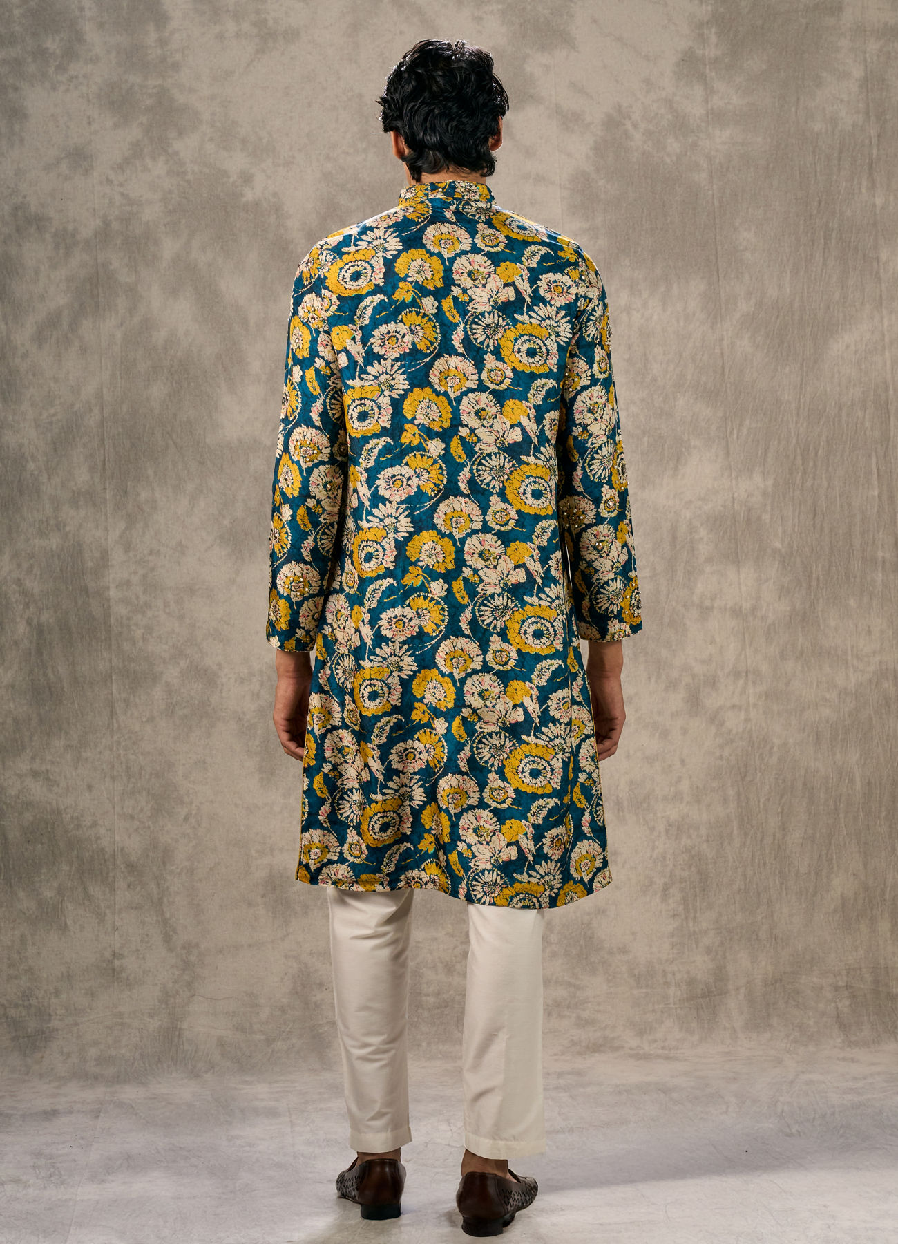 Twamev Men Teal Blue Georgette Floral Printed Kurta Pant Set