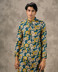 Twamev Men Teal Blue Georgette Floral Printed Kurta Pant Set