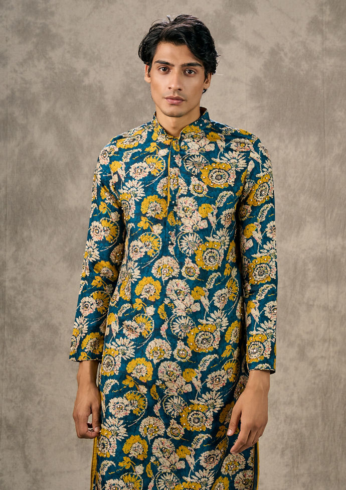 Twamev Men Teal Blue Elegance Kurta Churidar