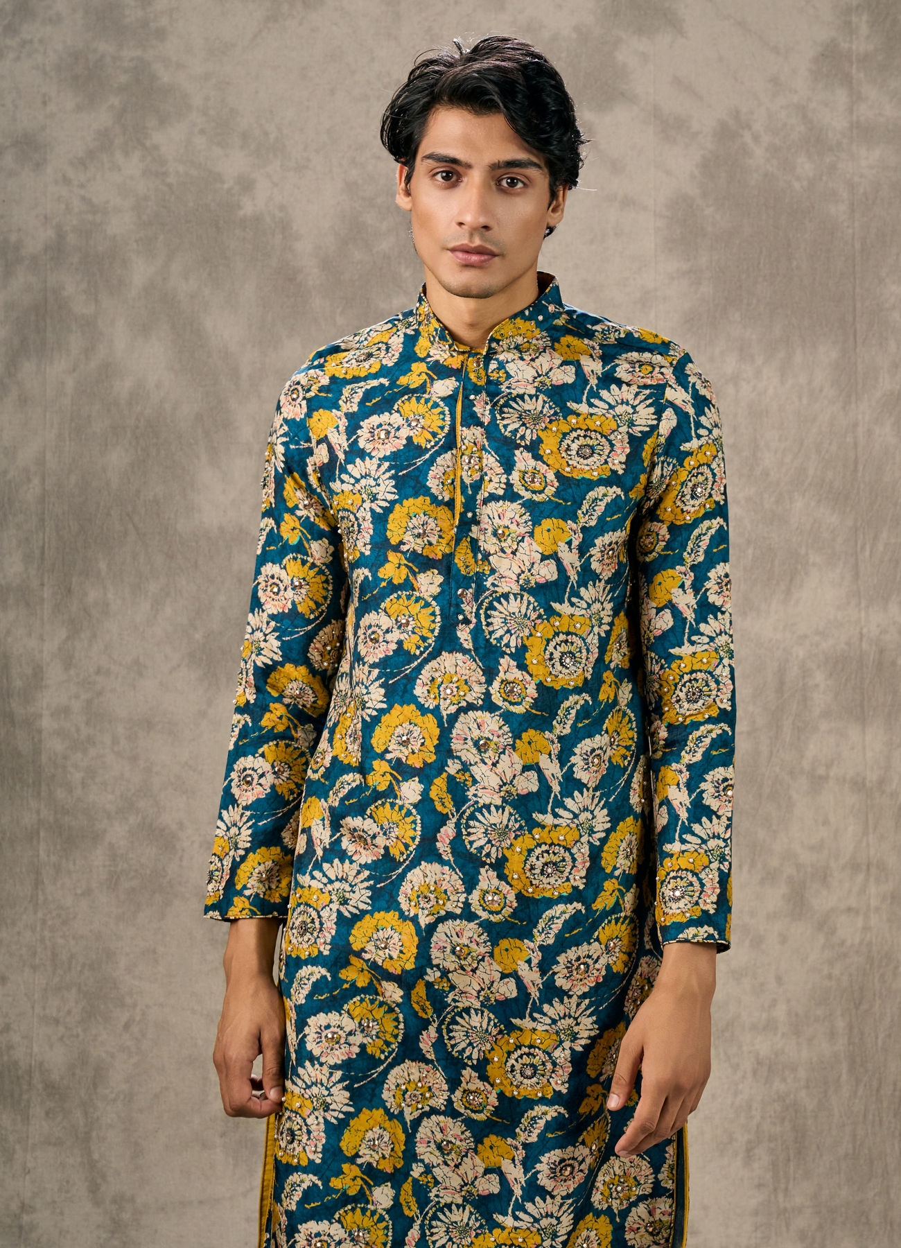 Twamev Men Teal Blue Georgette Floral Printed Kurta Pant Set