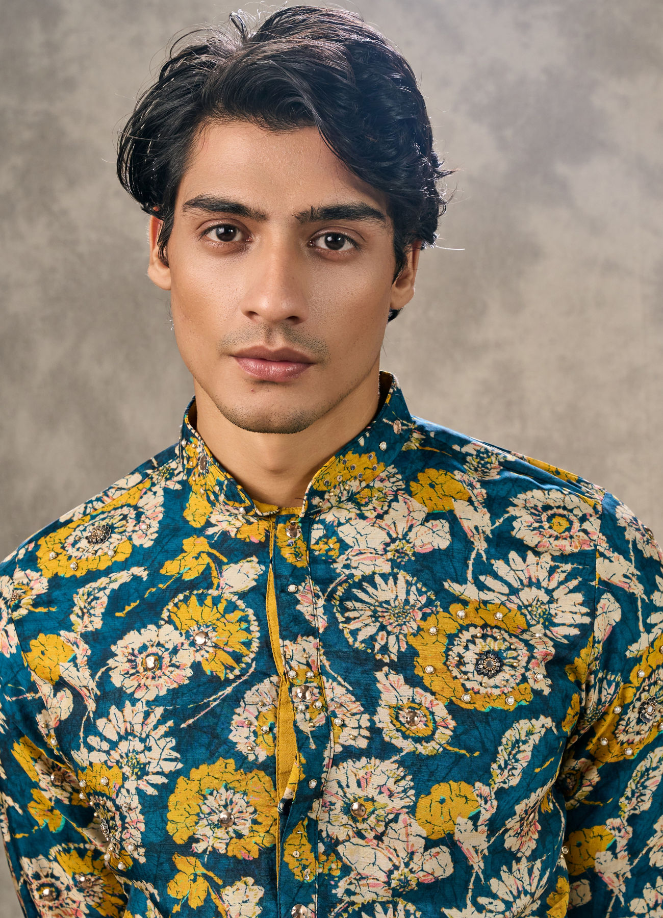Twamev Men Teal Blue Georgette Floral Printed Kurta Pant Set