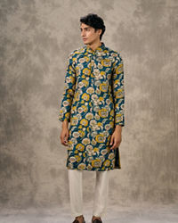 Twamev Men Teal Blue Georgette Floral Printed Kurta Pant Set