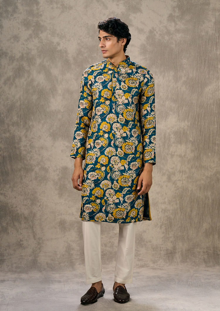 Twamev Men Teal Blue Elegance Kurta Churidar