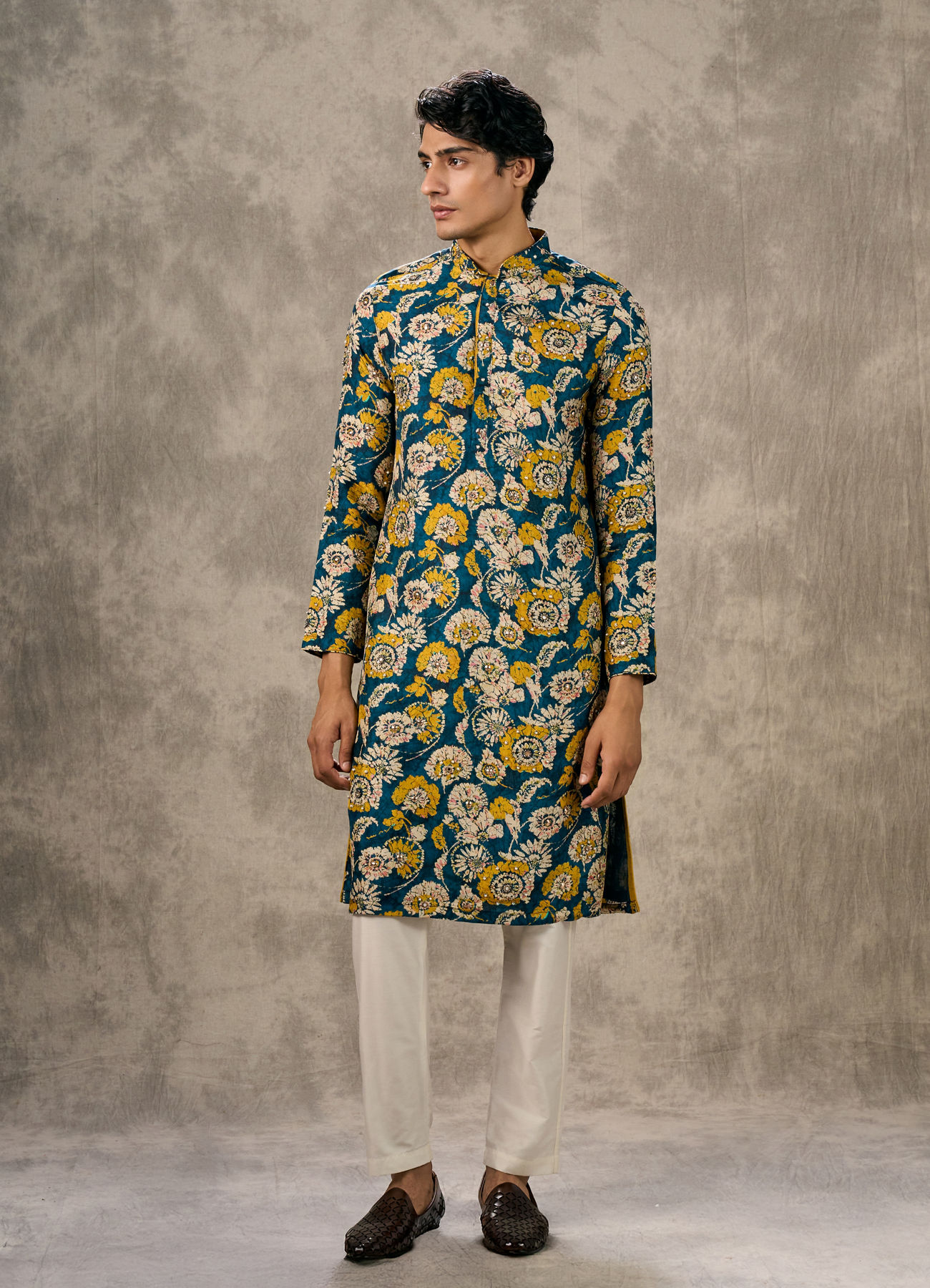 Twamev Men Teal Blue Georgette Floral Printed Kurta Pant Set