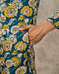 Twamev Men Teal Blue Georgette Floral Printed Kurta Pant Set