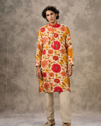 Twamev Men Beige & Mustard Floral Printed Kurta Pant Set