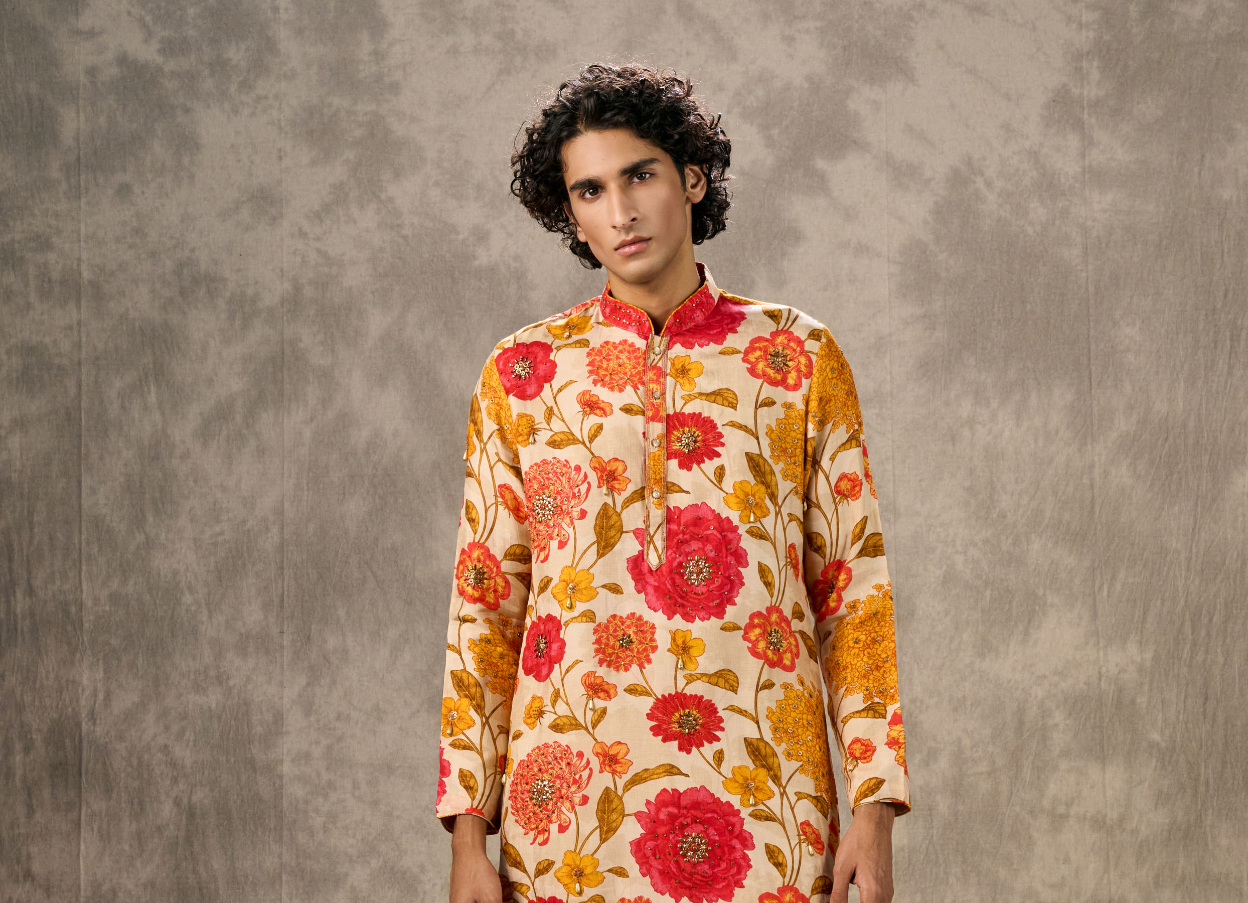 Twamev Men Beige & Mustard Floral Printed Kurta Pant Set