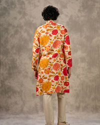 Twamev Men Beige & Mustard Floral Printed Kurta Pant Set