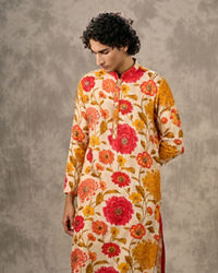 Twamev Men Beige & Mustard Floral Printed Kurta Pant Set