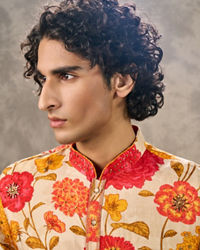 Twamev Men Beige & Mustard Floral Printed Kurta Pant Set
