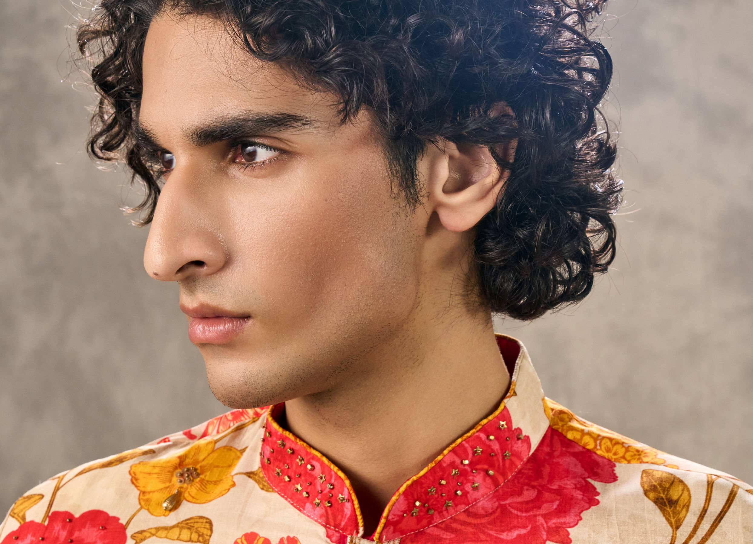 Twamev Men Beige & Mustard Floral Printed Kurta Pant Set